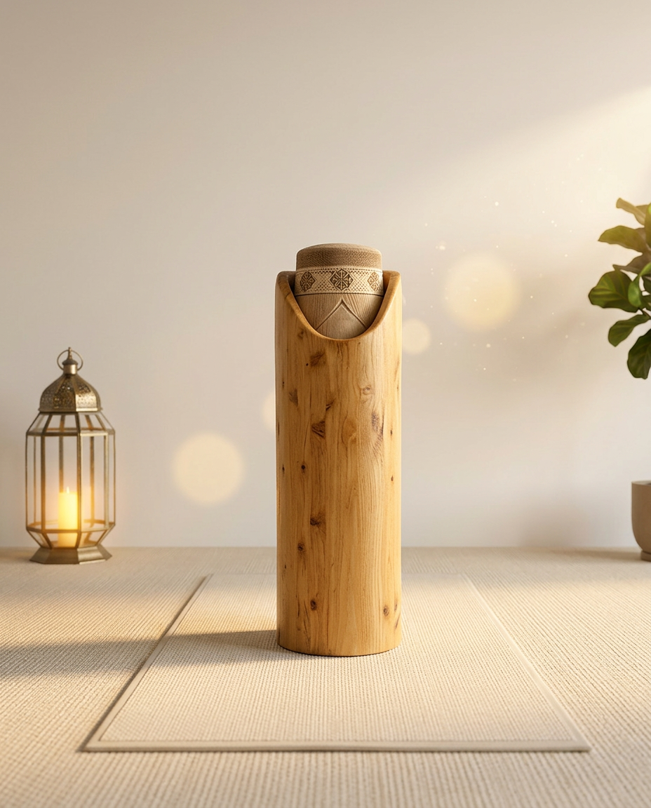 The Mara Oak solid oak cylindrical log pedestal with a crescent scooped cradle top and carved geometric oak cap, standing on a cream prayer rug